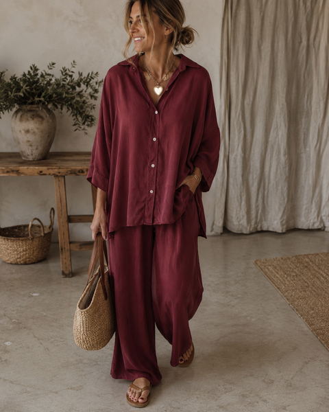 Camisa acetinada oversize  Bordeaux