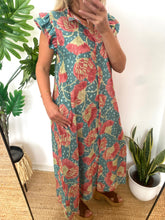Carregar imagem no visualizador da galeria, Vestido camisa com folho manga estampa ginkgo turquesa
