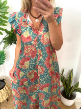 Carregar imagem no visualizador da galeria, Vestido camisa com folho manga estampa ginkgo turquesa
