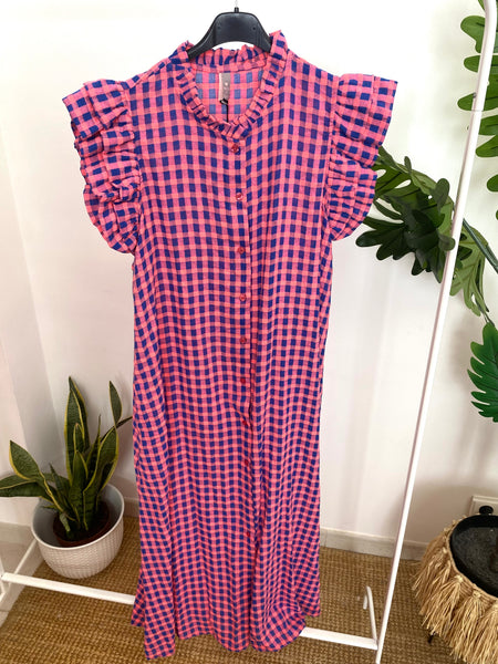 Vestido vichy folho manga rosa e azul