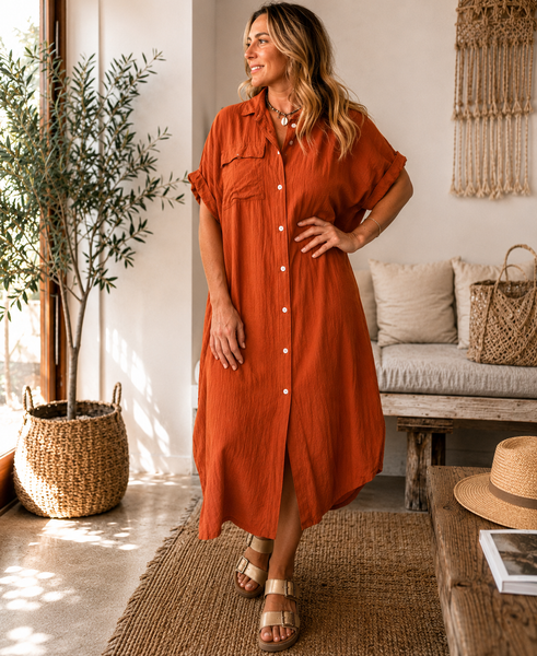 Vestido camisa liso estampado com bolso cenoura
