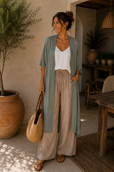 Kimono comprido acetinado verde seco
