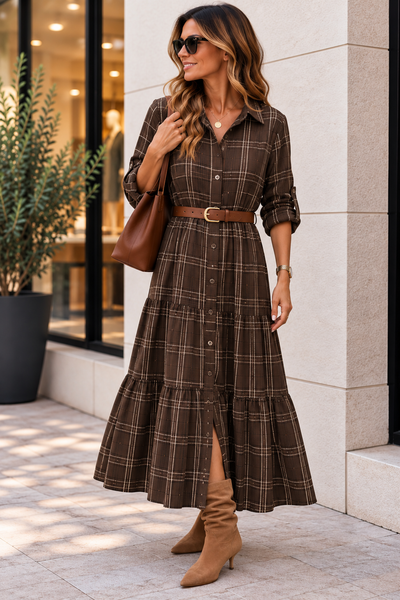 Vestido camisa quadrados com cinto castanho