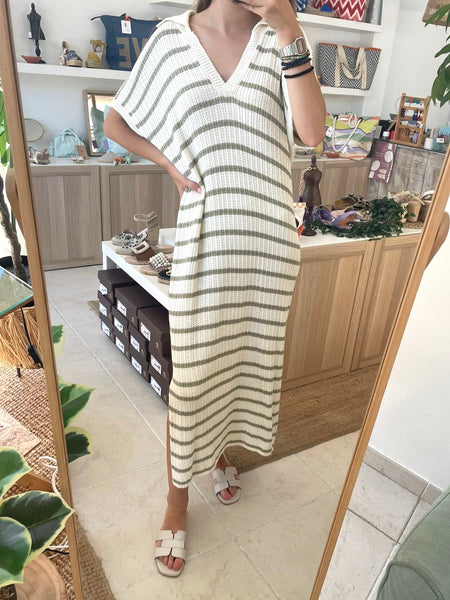 Vestido de malha riscas kaki