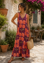 Carregar imagem no visualizador da galeria, Vestido comprido malha fria papoilas laranja e Bordeaux
