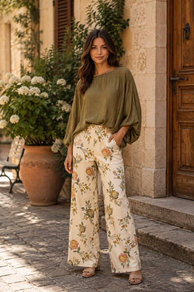 Calças sarja com flores creme