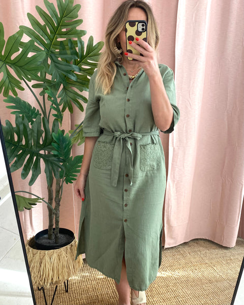 Vestido camisa linho verde Bigzone