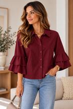 Carregar imagem no visualizador da galeria, Camisa lisa folho na manga Bordeaux
