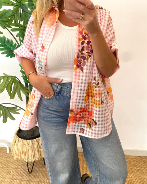 Camisa vichy flores multicor