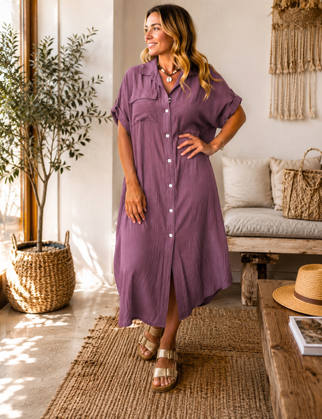 Vestido camisa liso estampado com bolso alfazema