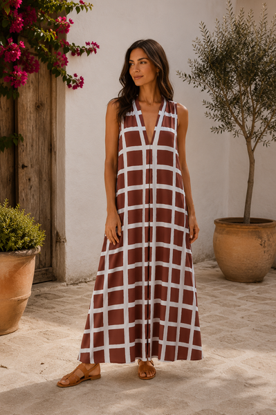 Vestido malha fria quadrados tijolo