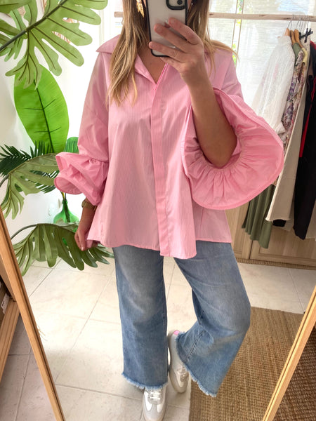 Camisa riscas rosa manga folhos grandes