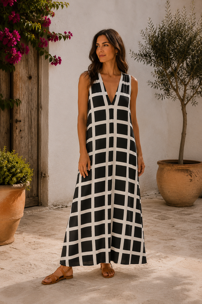 Vestido malha fria quadrados preto e branco