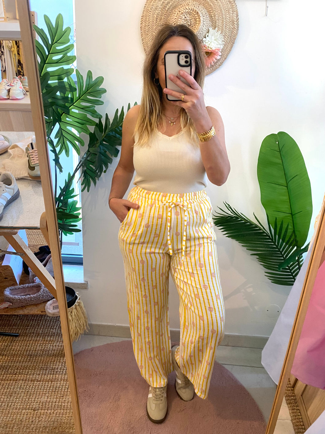 Calças algodão crepe estampa amarelo