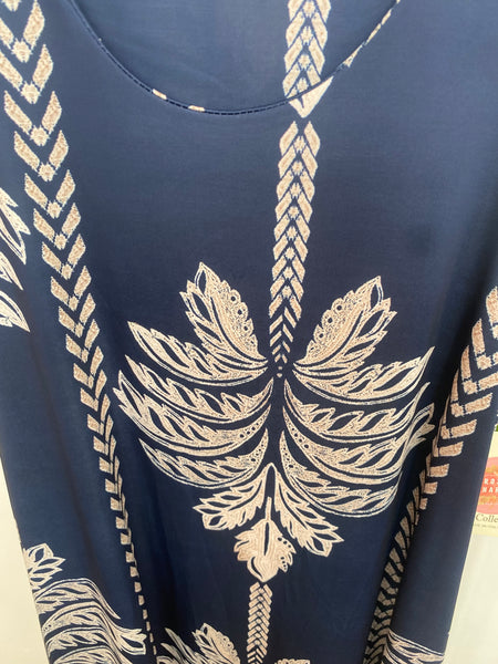 Vestido comprido malha fria palmeiras azul marinho