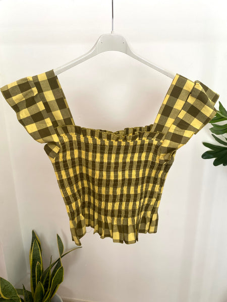 Top quadrados amarelo e kaki