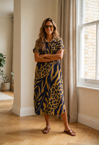 Vestido camisa estampa animal print azul marinho