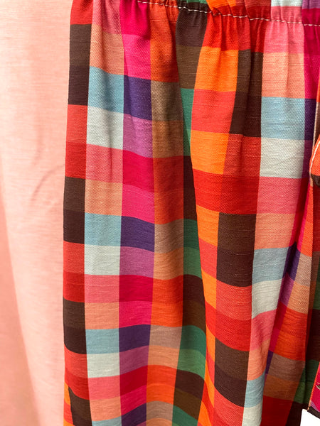 Calças pantalonas estampa quadrados coloridos