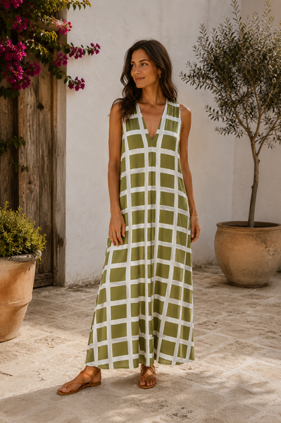 Vestido malha fria quadrados azeitona