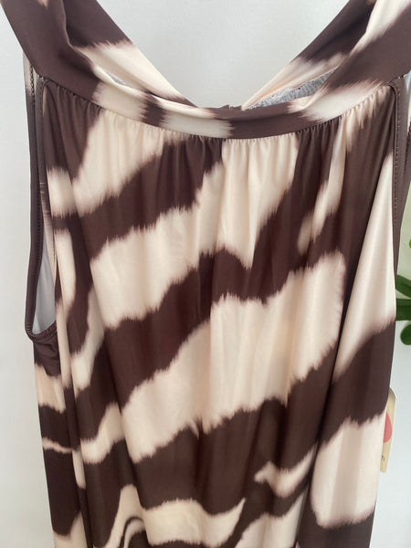 Vestido midi malha fria halter castanho e branco