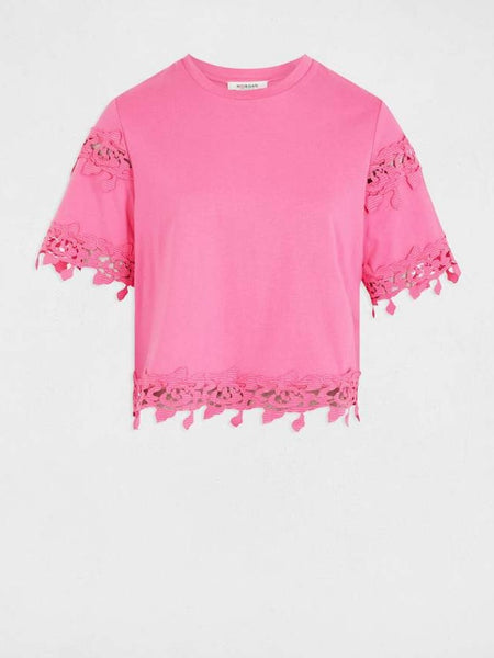 T-shirt com detalhes em renda rosa Morgan