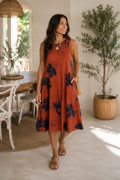 Vestido midi malha fria estampa folhas telha