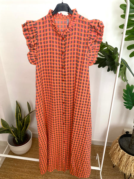 Vestido vichy folho manga laranja e beje