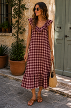 Carregar imagem no visualizador da galeria, Vestido vichy gola com folho Bordeaux
