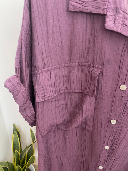 Vestido camisa liso estampado com bolso alfazema