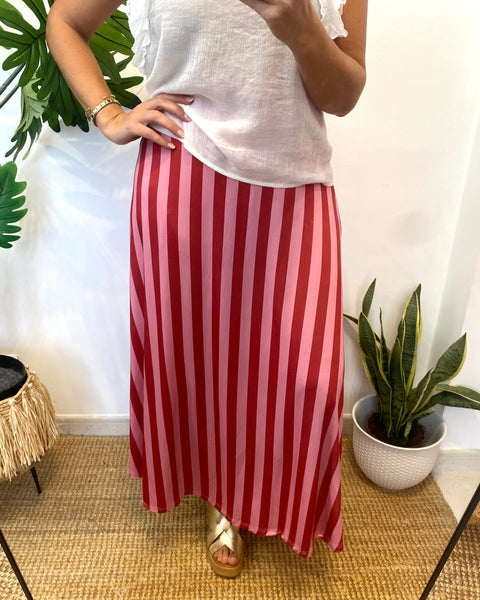 Saia malha fria riscas vermelho e rosa