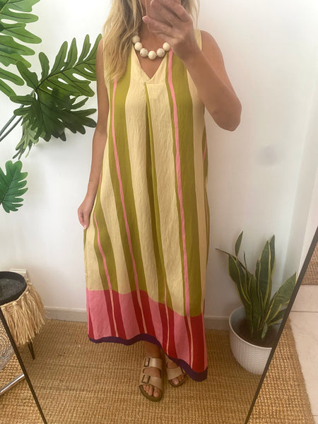 Vestido riscas largas verde lima