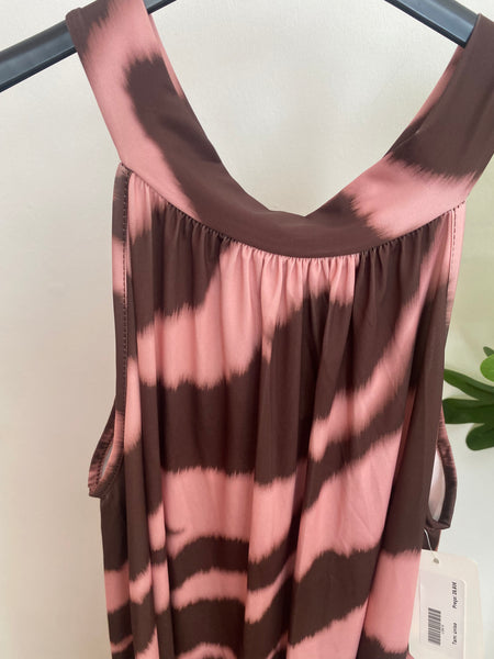 Vestido midi malha fria halter castanho e rosa