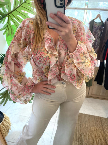 Blusa florzinhas rosa/amarelo