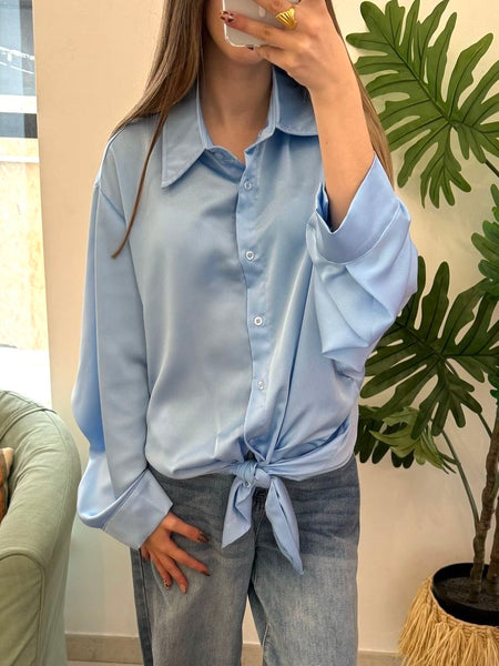 Camisa acetinada laçada azul SMF