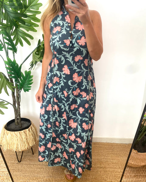 Vestido estampa floral azul e rosa