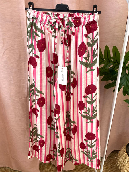 Calças pantalonas estampa botânica rosa