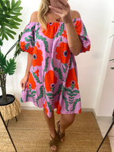 Carregar imagem no visualizador da galeria, Vestido curto manga balão estampa vintage roxo
