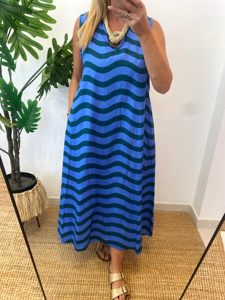 Vestido decote v riscas onduladas azulão
