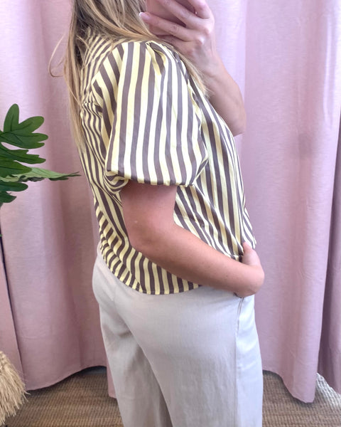 Camisa manga balão riscas amarelo