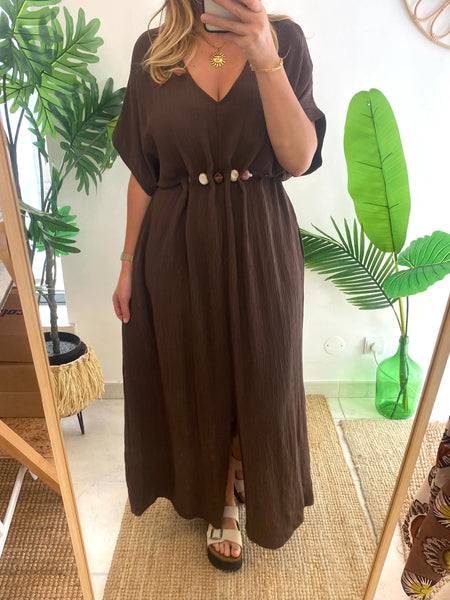 Vestido crepe com pedras castanho