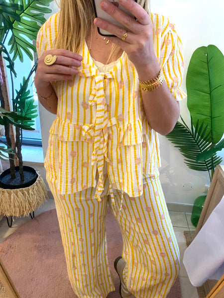 Blusa/casaco algodão crepe estampado amarelo