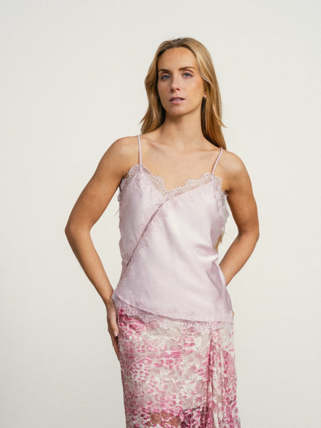 Top SMF assimétrico renda rosa claro