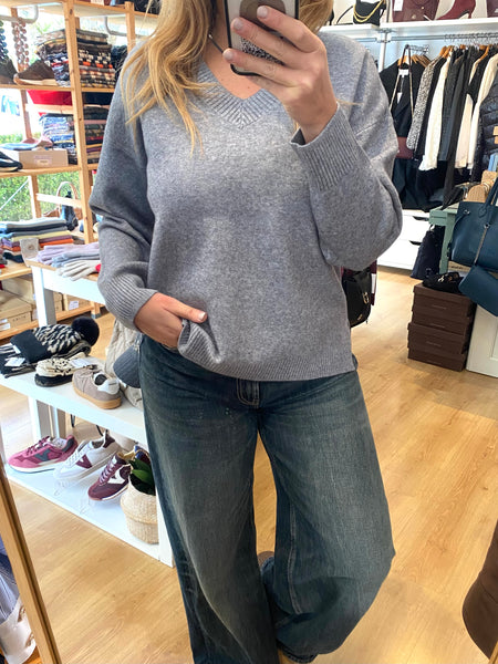 Camisola de malha decote V cinza