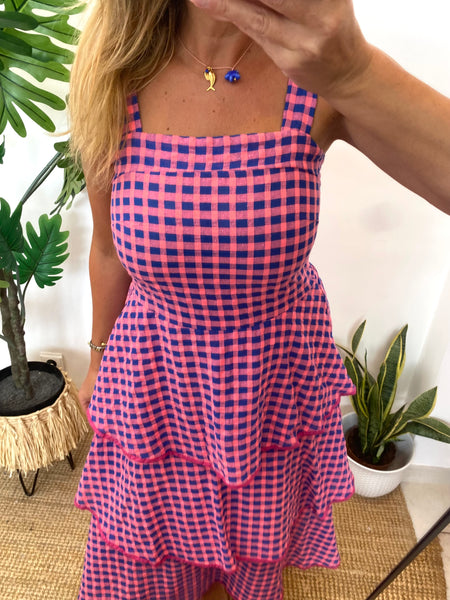 Vestido vichy folhos rosa com azul