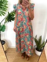 Carregar imagem no visualizador da galeria, Vestido camisa com folho manga estampa ginkgo turquesa

