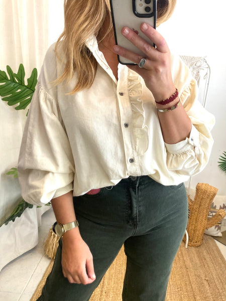 Camisa bombazina folhinho pérola