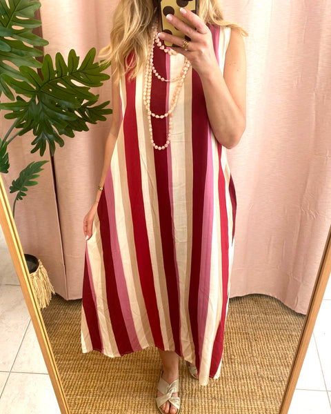 Vestido riscas Bordeaux/rosa