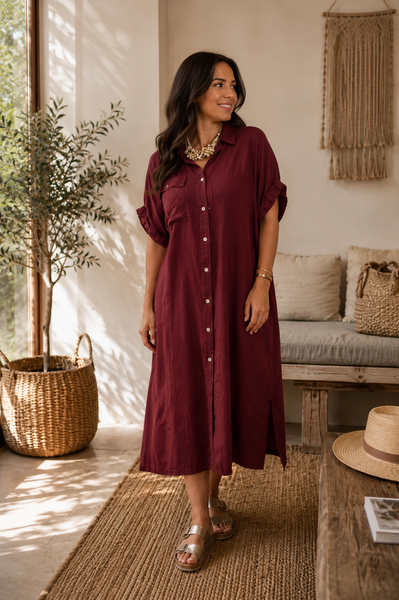 Vestido camisa liso estampado com bolso bordeaux