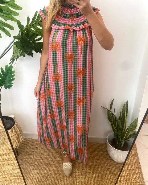 Vestido gola franzida palmeiras rosa e verde