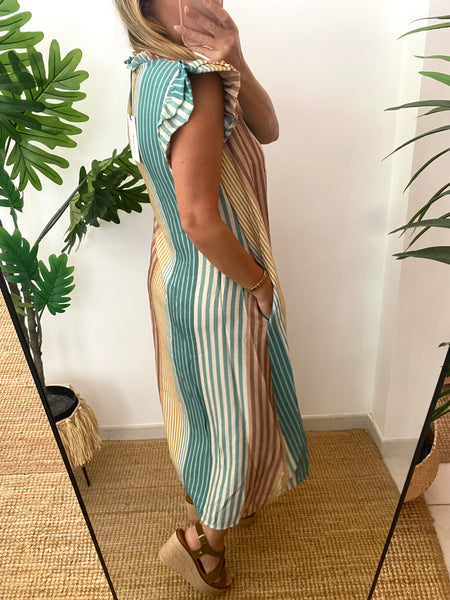 Vestido camisa riscas azul e amarelo